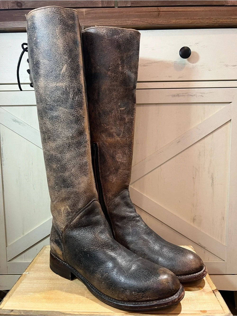 Bed Stu Manchester Brown Distressed Leather Zip Up Tall Knee Hi Boots Size 9